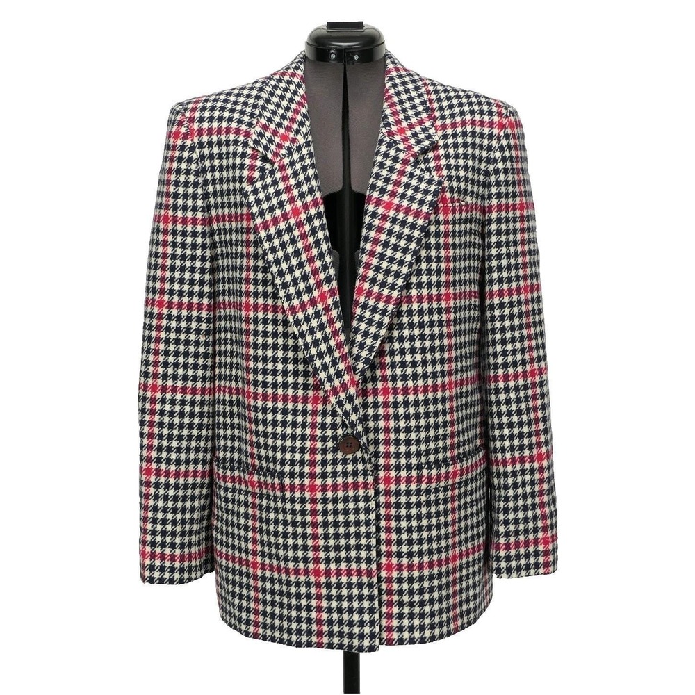 Petite Pendleton Vintage Wool Blazer Houndstooth Red Plaid Made in USA Size 14P